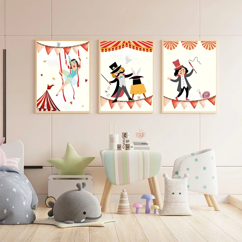 Funny Cartoon Circus House Acrobats Carnival Magician Nursery Poster Canvas Painting Wall Art Pictures Home Interior Decor