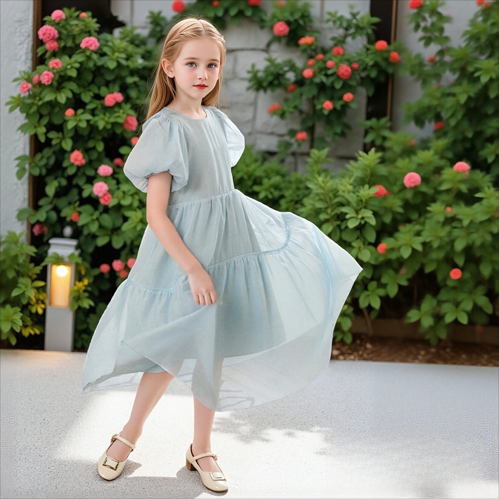 Girls Light Blue Tiered Dress Puff Sleeve Round Neck Chiffon A-Line Dress for Kids Summer Casual Vacation Party Princess Dresses
