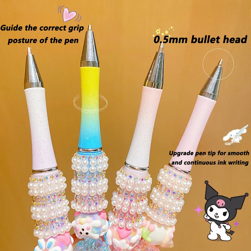 Cartoon Sanrio Ballpoint Pen Anime Hello Kitty 0.5Mm Shiny Rhinestone Bead Black Neutral Pen Cute Girl Dreamy Stationery Gift