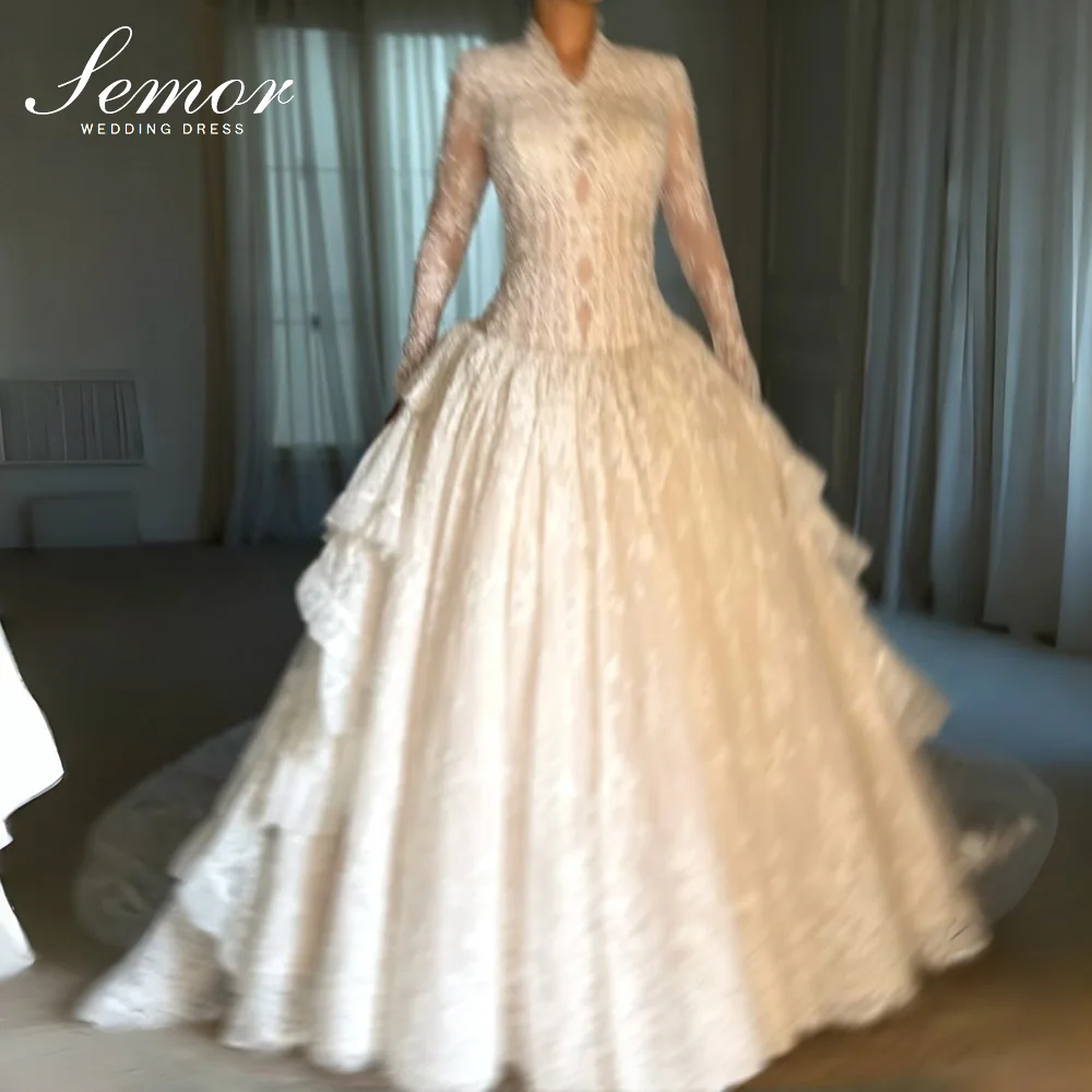 Semor Exquisite Lace Full Sleeve V-Neck Wedding Dress Customized A-line Pleat Tiered Bohemian Women's 2026 Vestidos Novias Boda