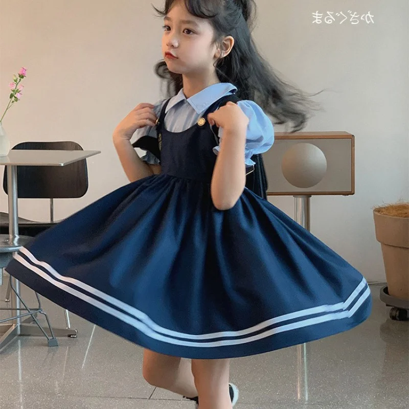 Girls' Dress Summer New Fake Two-Piece Preppy Style Bubble Sleeve Princess Dress Children One Piece Dropshipping