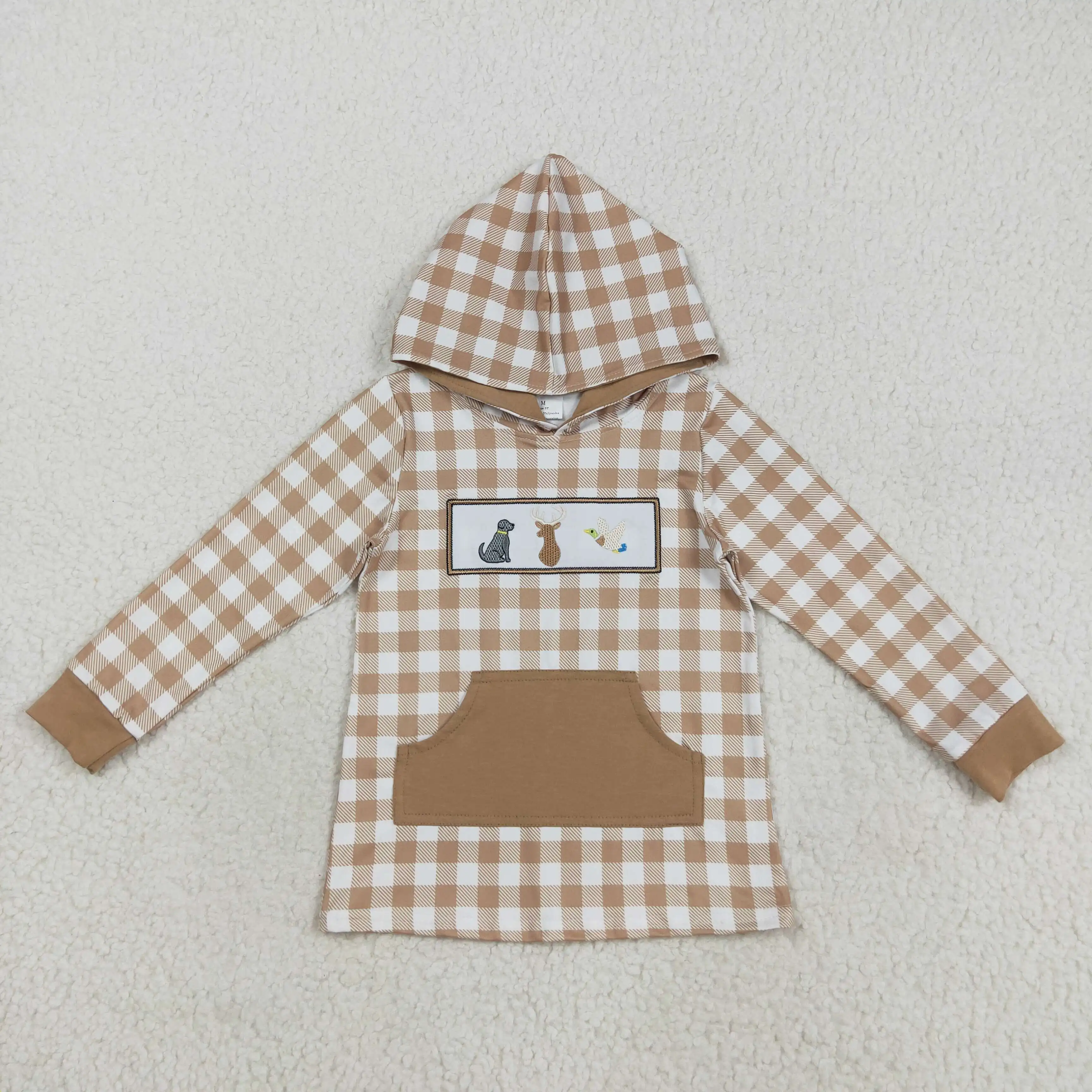 

New rts boys hoodie wholesale boutique embroidered puppy elk duck brown plaid pocket children boy long sleeve top