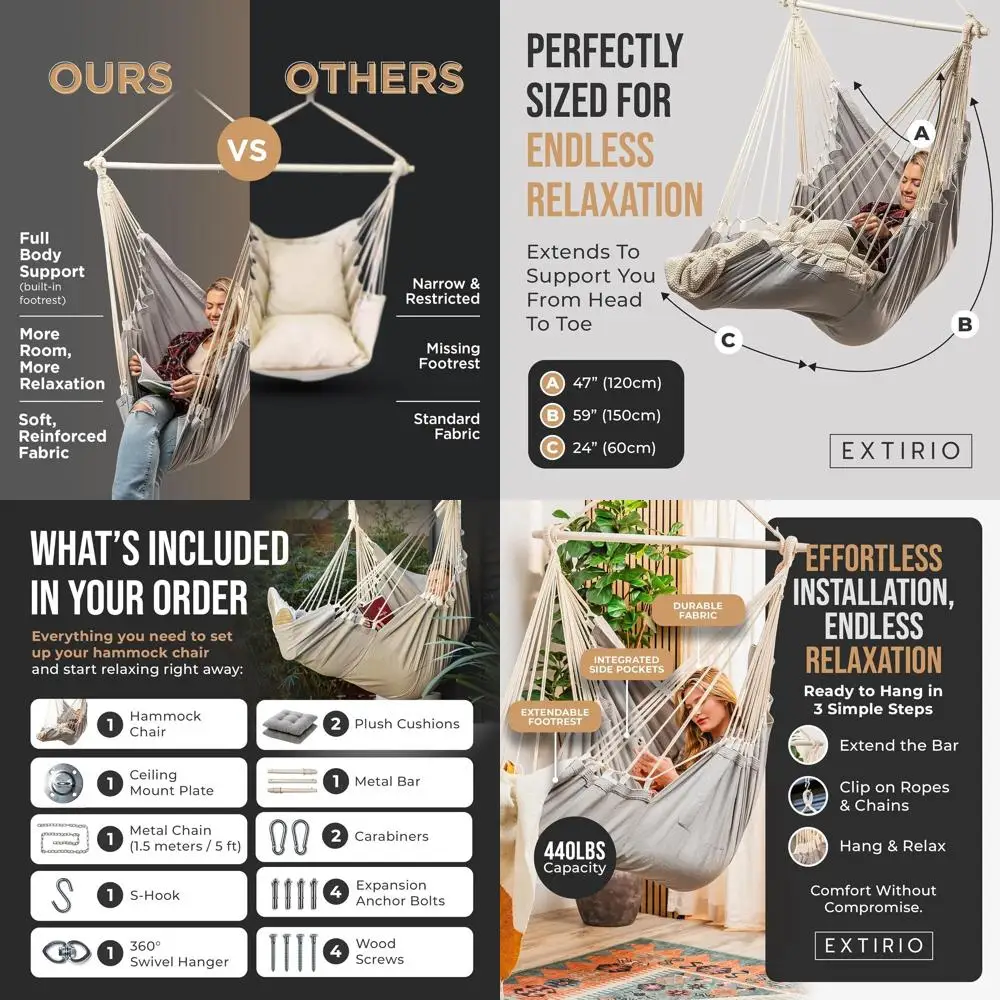 

Hanging Hammock Chair Swing – Hanging Chair Outdoor & Indoor - Hammock Swing Chair – Quick & Easy Setup with Hardware Kit – Dura