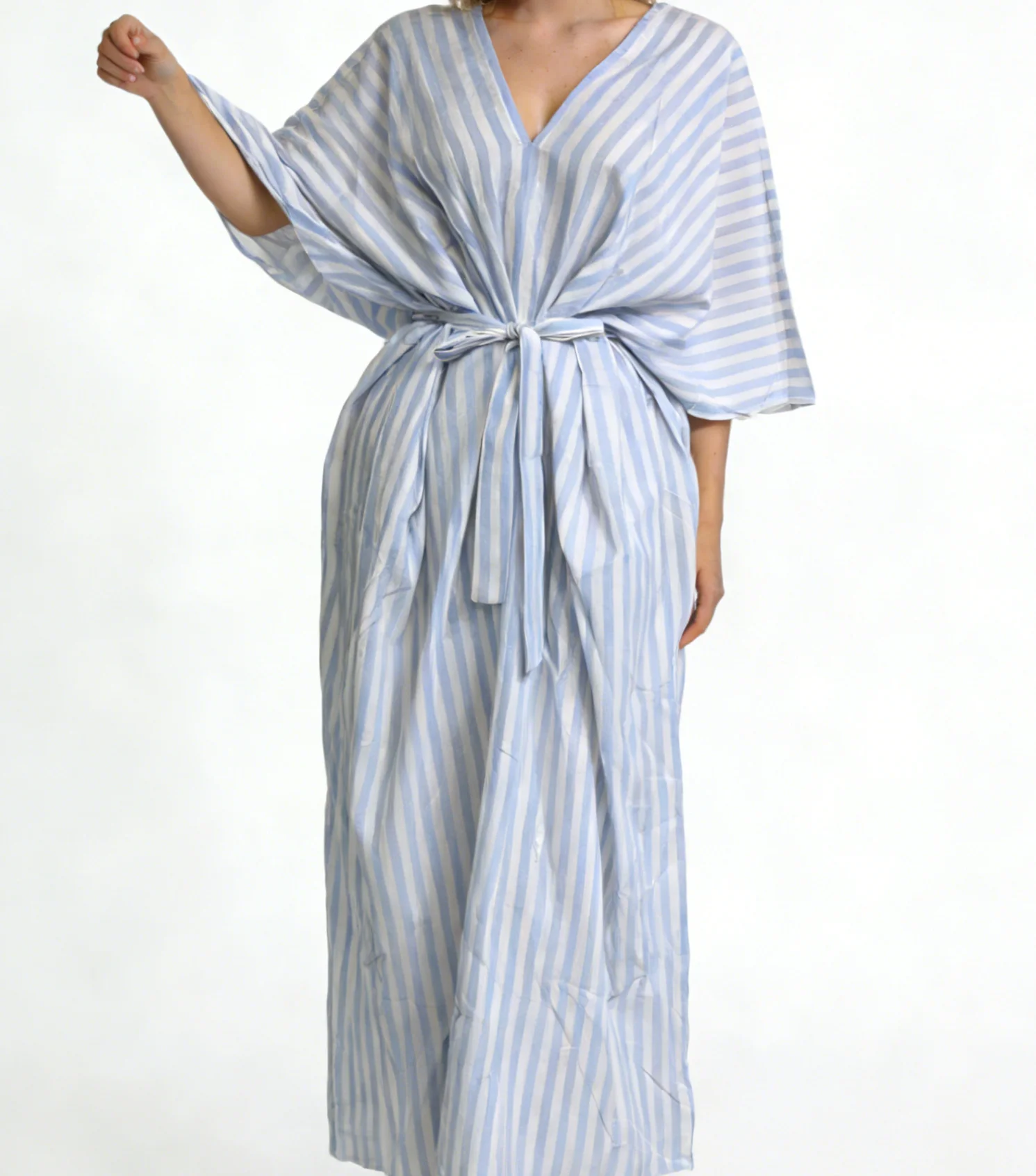 Fashionable striped printed short-sleeved loose-fitting long dress, elegant backless V-neck Maxi dress-GZXX467