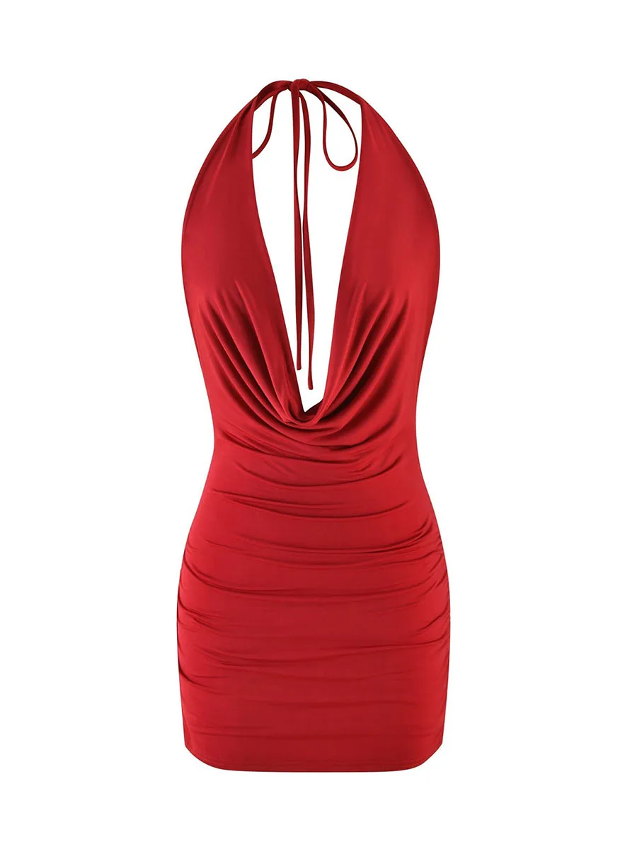 Women s Sexy Halter Neck Sleeveless Mini Dress with Open Back and Ruched Detailing - Solid Color Summer Dress