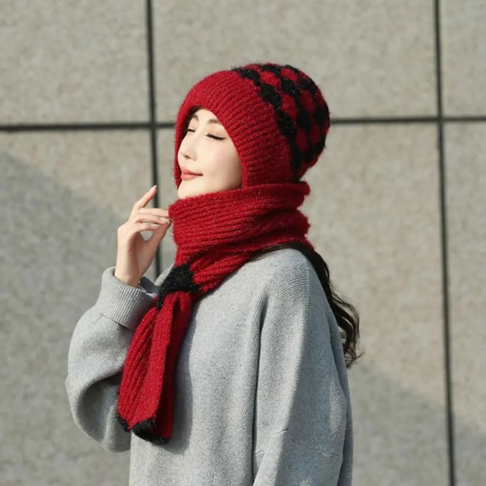 

Fashion Windproof Knitted Hat Scarf Neck Warmer Thickened Beanie Hat Winter Warm Ear Protection Cap for Women