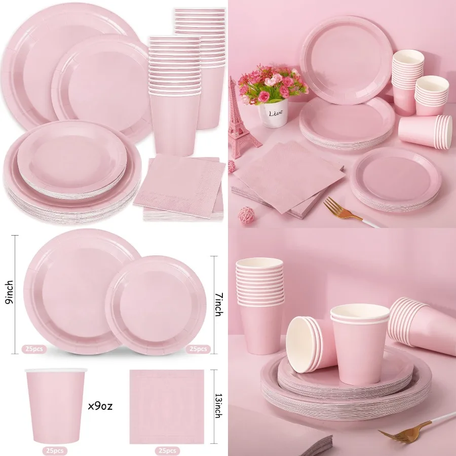 

100Pcs Dusty Pink Disposable Dinnerware Set with 50Pcs Paper Plates 25Pcs Napkins 25Pcs Cups for Wedding Birthday Bride Shower