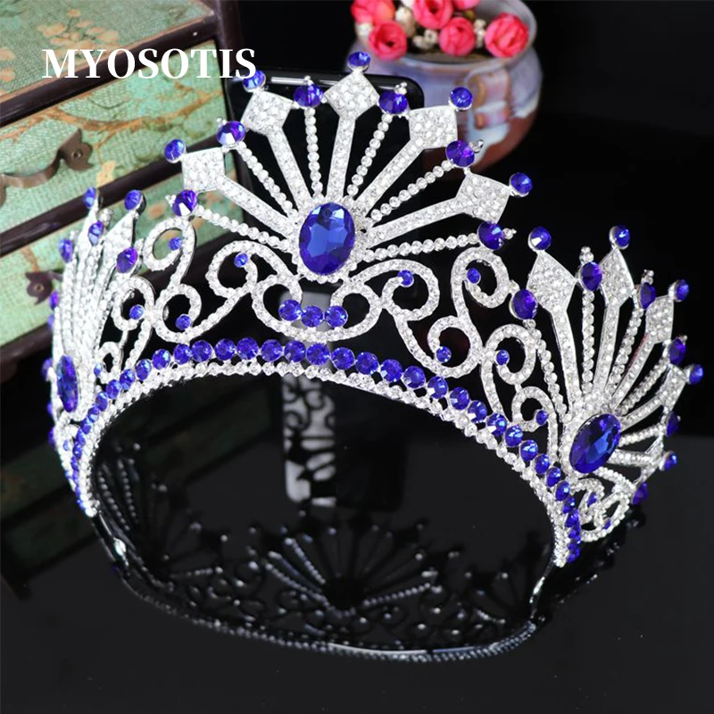 

High Large Wedding Bridal Tiara Crown Clear/Blue Rhinestone Crystal Queen Pageant Prom Hairband Top Grade Bride Crown Headdress