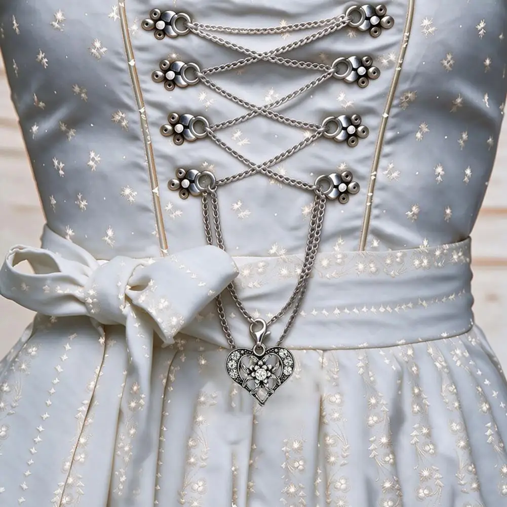 Heart Chain Necklace for Women, Bavarian Rhinestone Heart Long Necklace Vintage Oktoberfest Corset Jewelry Accessory