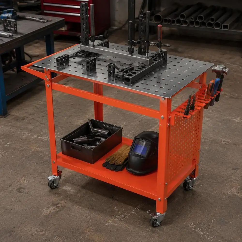 Table de soudage, 1016x609,6x914,4 mm, établi de soudage avec capacité de charge statique de 362 kg, table d'assemblage avec 4 roues (2 avec freins), surface de stockage à double couche et trous de montage de 5/8 pouces.