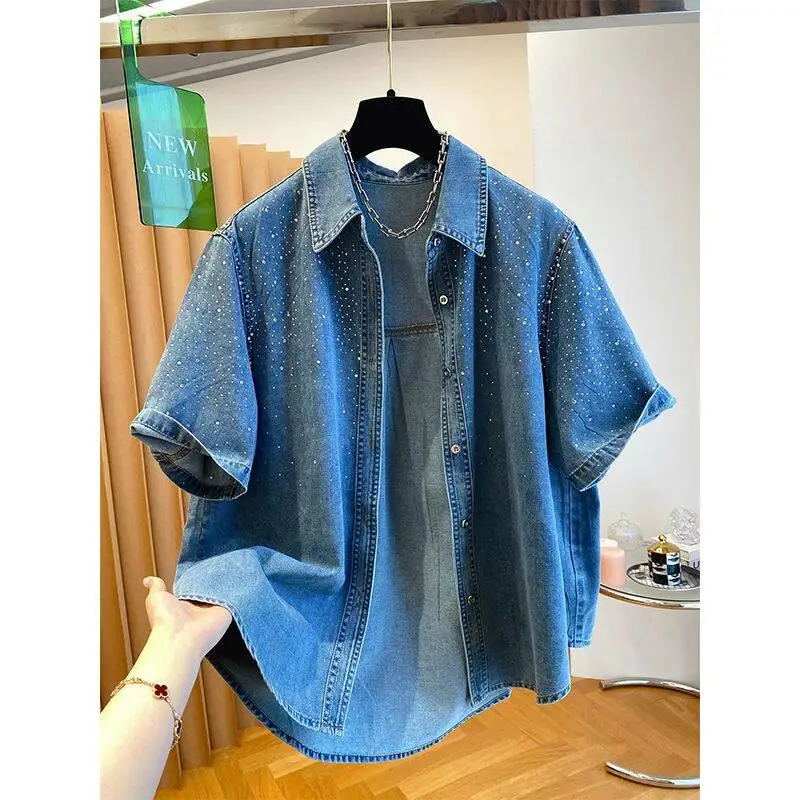 Summer Men's Loose Fit Denim Jacket Glittering Diamond Design Large Size 300 Pounds Hong Kong Style Casual Polyester Fiber