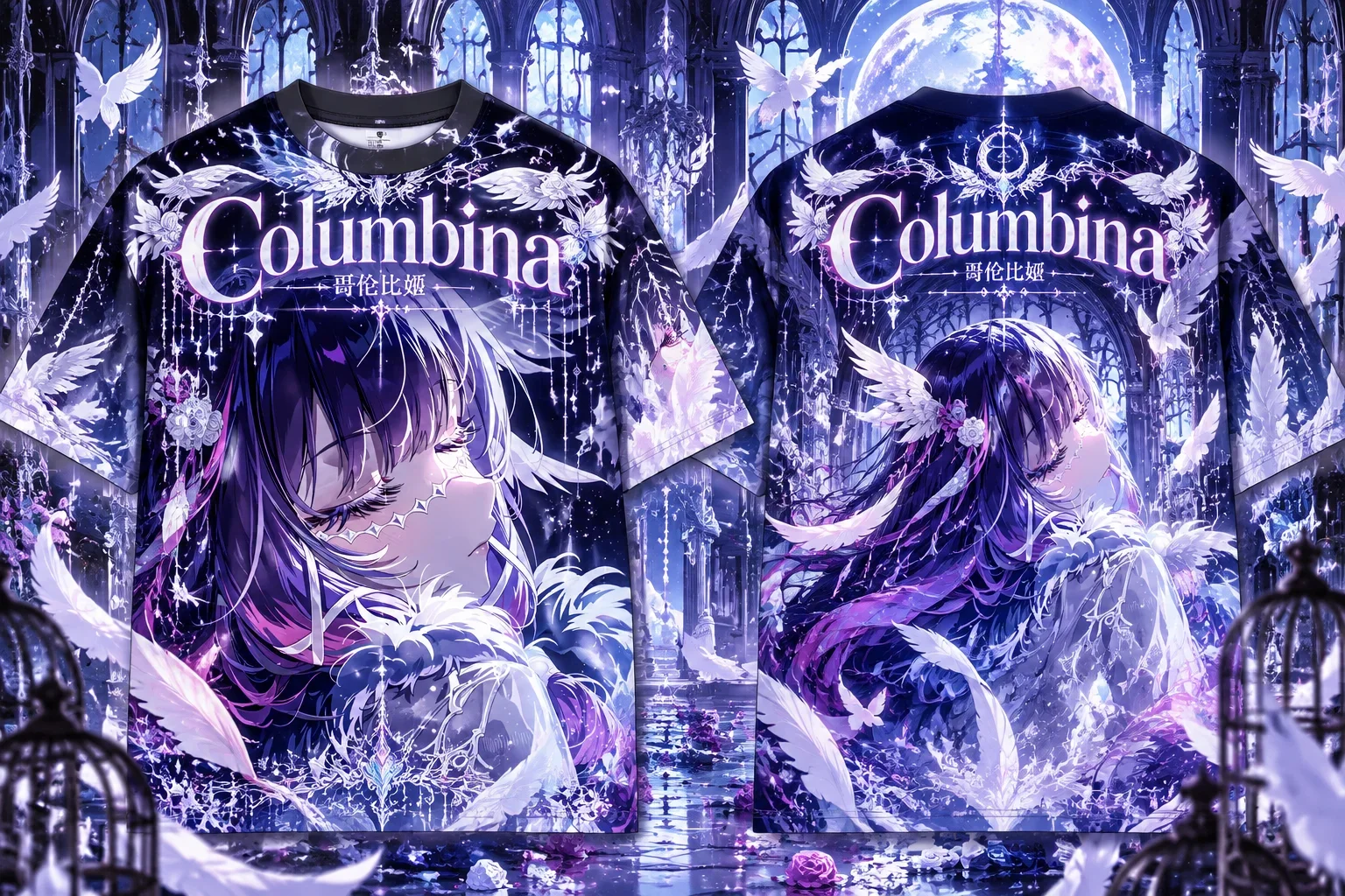 2026 Genshin Impact Columbina All Over Print T-shirt Family Matching Gothic White Dove Anime Graphic Short Sleeve Streetwear Tee
