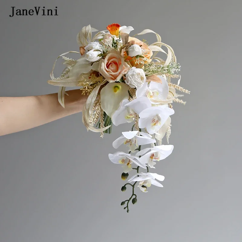 

JaneVini White Butterfly Orchid Waterfall Bridal Bouquets Artificial Champagne Roses Cascading Bride Bouquet Wedding Accessories