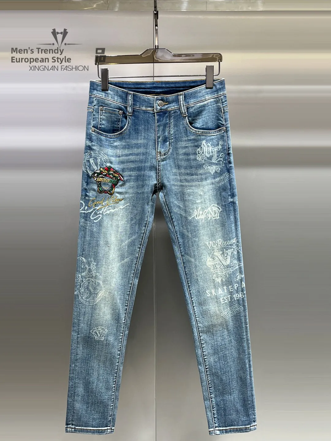 

Men's Slim Fit Embroidered Print Jeans Faionable Waed Light Blue Sli Korean Version Long Pants Summer Cotton Polyeste...
