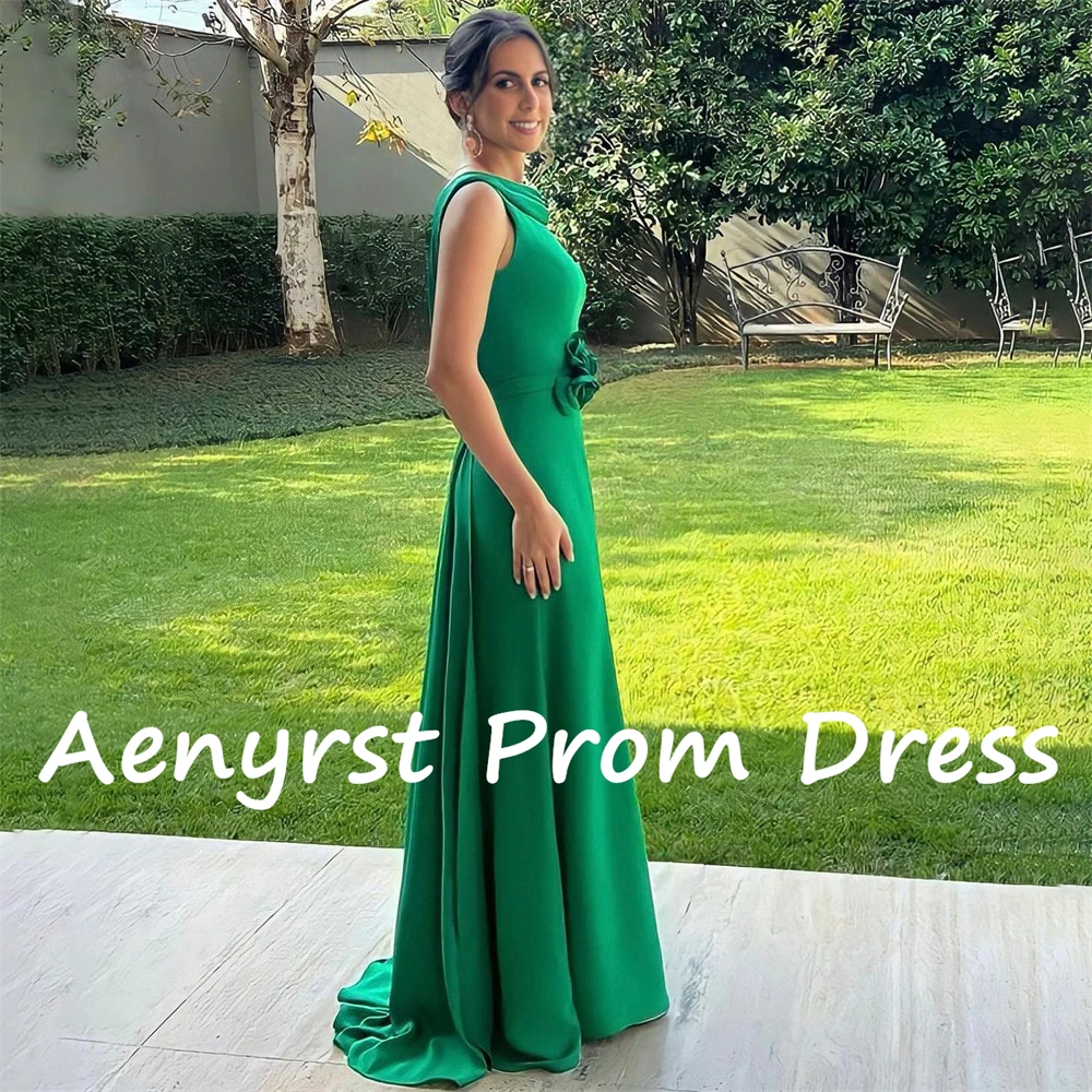 Aenyrst-Vestidos de Fiesta rectos con flores en 3D, color verde, cuello alto, satén, Espalda descubierta, cóctel, hasta el suelo, para invitados de boda, 2024