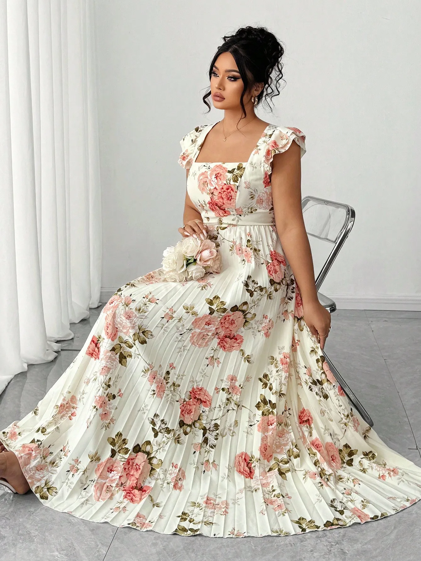 

Платье макси винтажного стиля с цветочным принтом, квадратным вырезом и рукавами-воланами для отпуска и свиданий, больших размеров