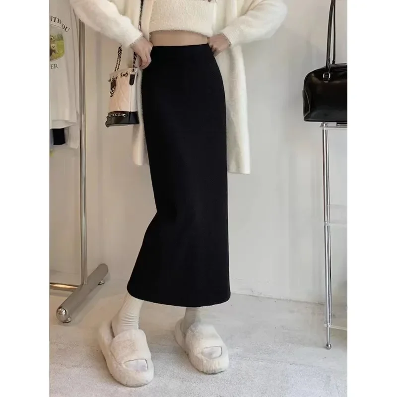 Women's Elastic Waist Sweater Skirt Slim A-line Straight Sleeve Knitted Skirt Split High Waist, Female, New, Autumn, Winter 2024