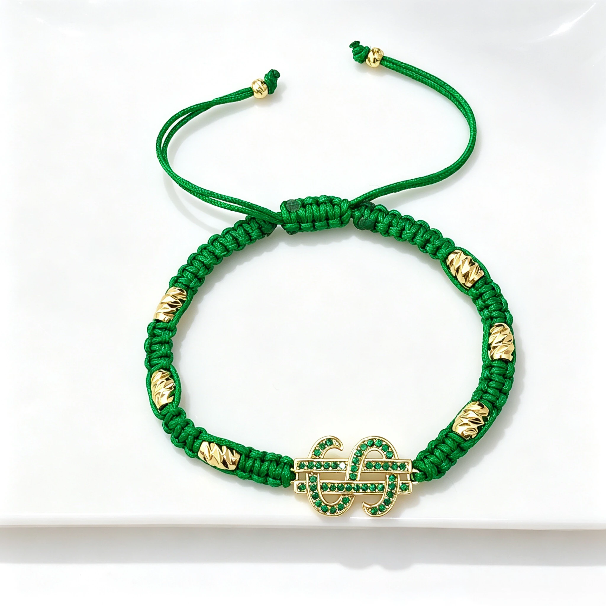 Sparkling Full Zirconia Dollar Sign Green Cord-Braided Bracelet Adjustable Fashion for Men Women Party Jewelry Friendship Gift