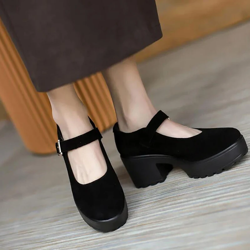 Autumn Women Flock Mary Jane Thick-soled Square-heeled Shoes Female Harajuku thick-heeled Japanese Single Shoes 2024 Pumps