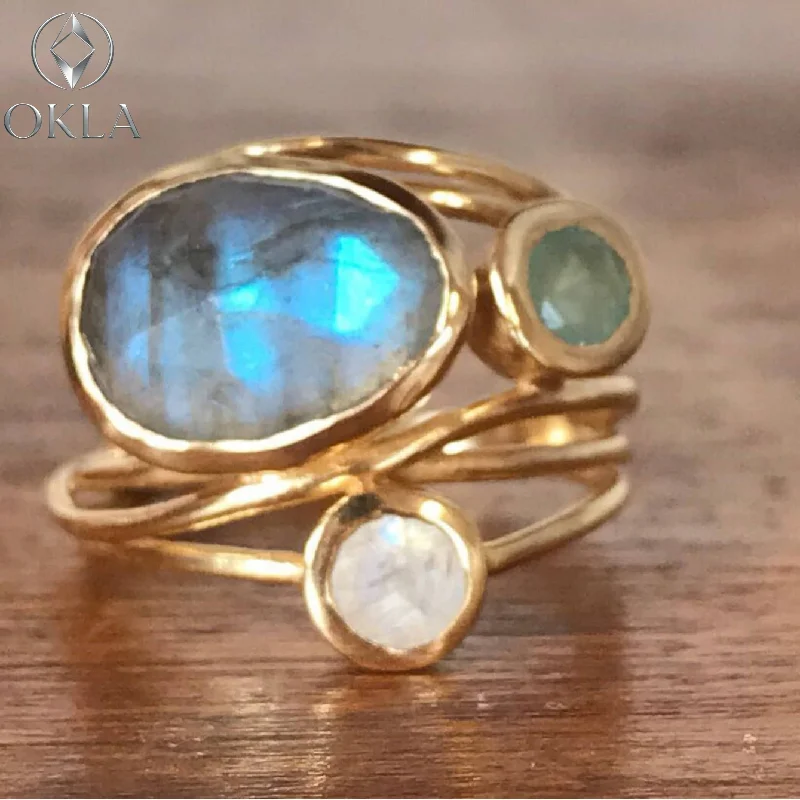 

Okla New 925 Silver Inlaid Rainbow Moonstone Ring, European And American Women's Creative Multi-layer Simulated Shell Ring
