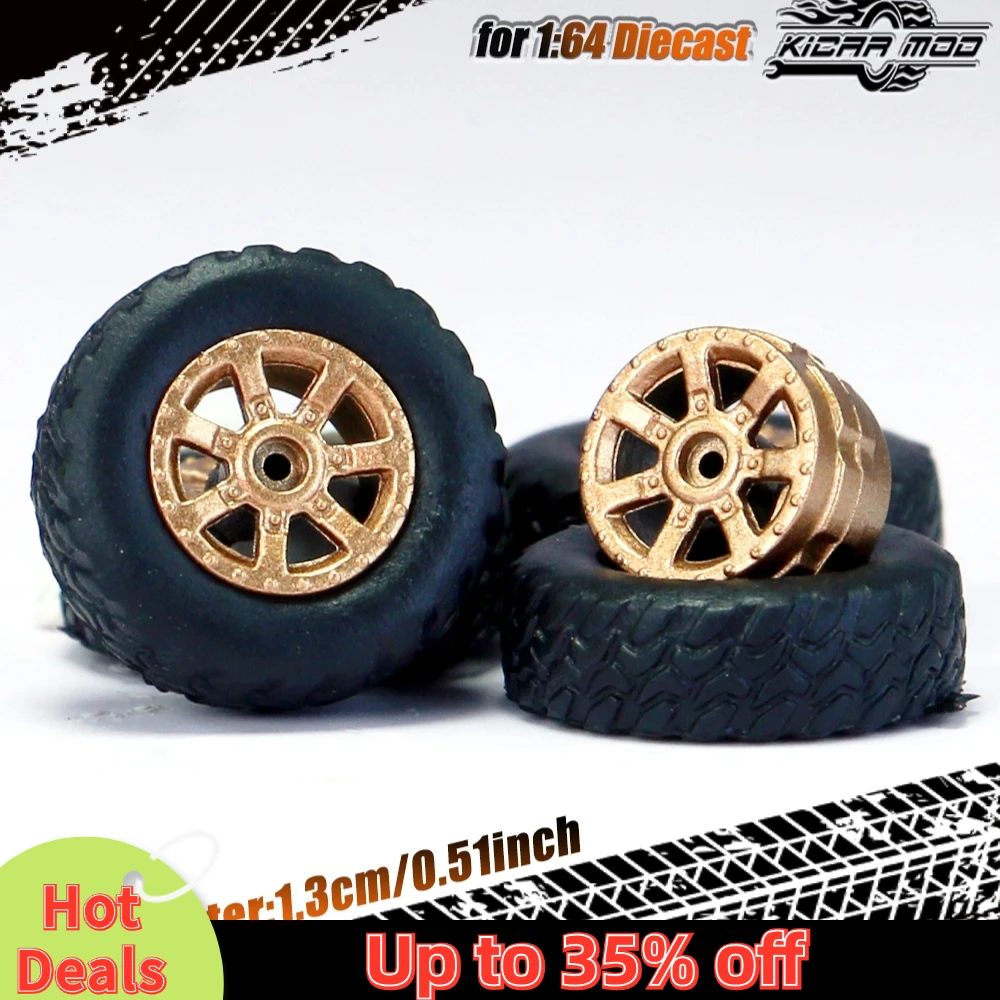 Kicarmod 1/64 Model Car All-Terrain Wheels with Rubber Tire Rivet Axle Diameter 13mm Refitting Parts For Off-Road Hot Wheels