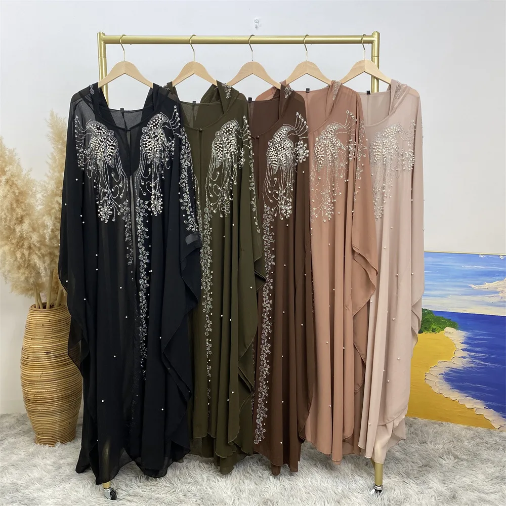 Luxury Diamond Muslim Open Abaya Cardigan Women Bat Sleeve Maxi Dresses Turkey Arab Kimono Robe Kaftan Morocco Eid Party Abayas