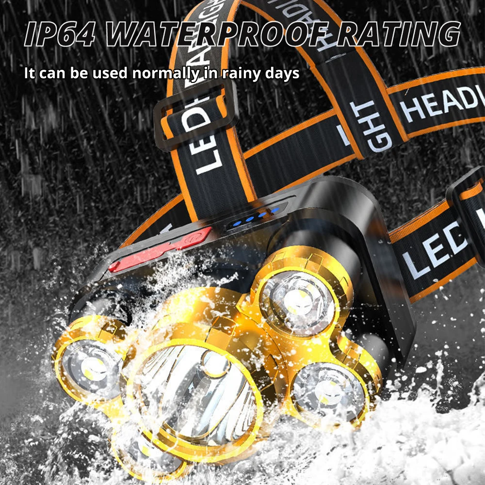 5LED Headlamp USB Rechargeable Headlight Waterproof Hand Torch Built-in Battery Lamp Power Display Flashlight Fishing Lights