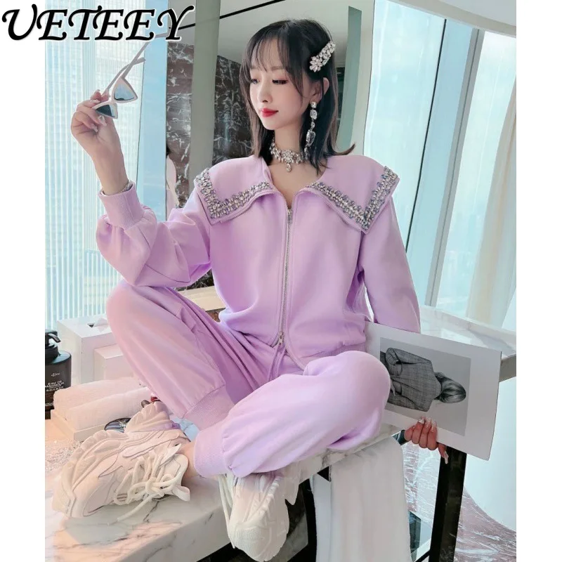 Exquisite Rhinestone Zipper Sweatshirt Coat Cardigan Women Tracksuit Fall 2023 New High Waist Casual Pants Sports Two-Piece Set