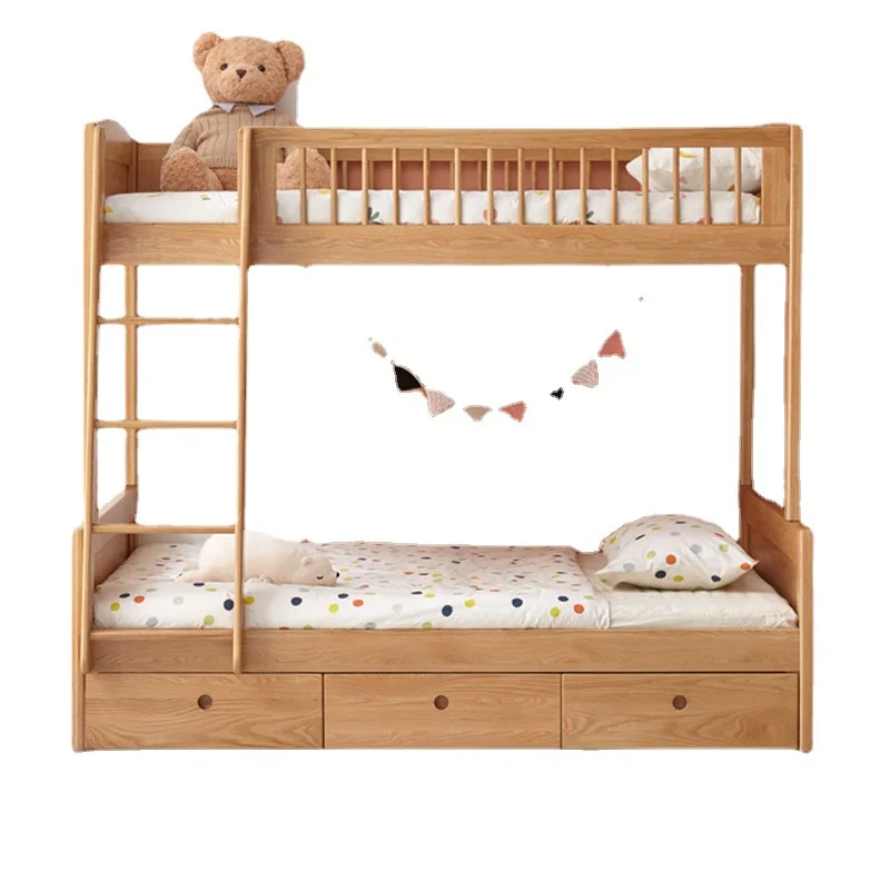 Solid wood high and low bed Modern simple oak two-layer upper and lower beds Nordic bedroom Multifunctional children's bed