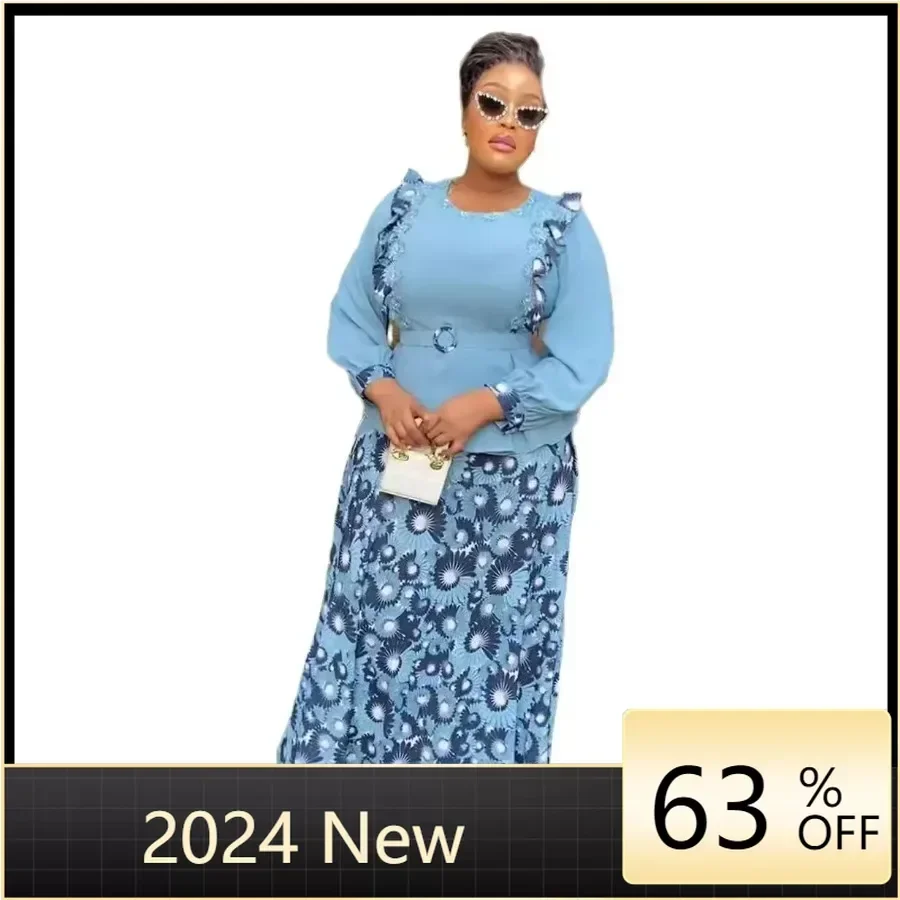 

2 Piece African Clothes for Women Summer Elegant Long Sleeve Print Top Long Skirt Matching Sets Outfits Dashiki Africa Clothing