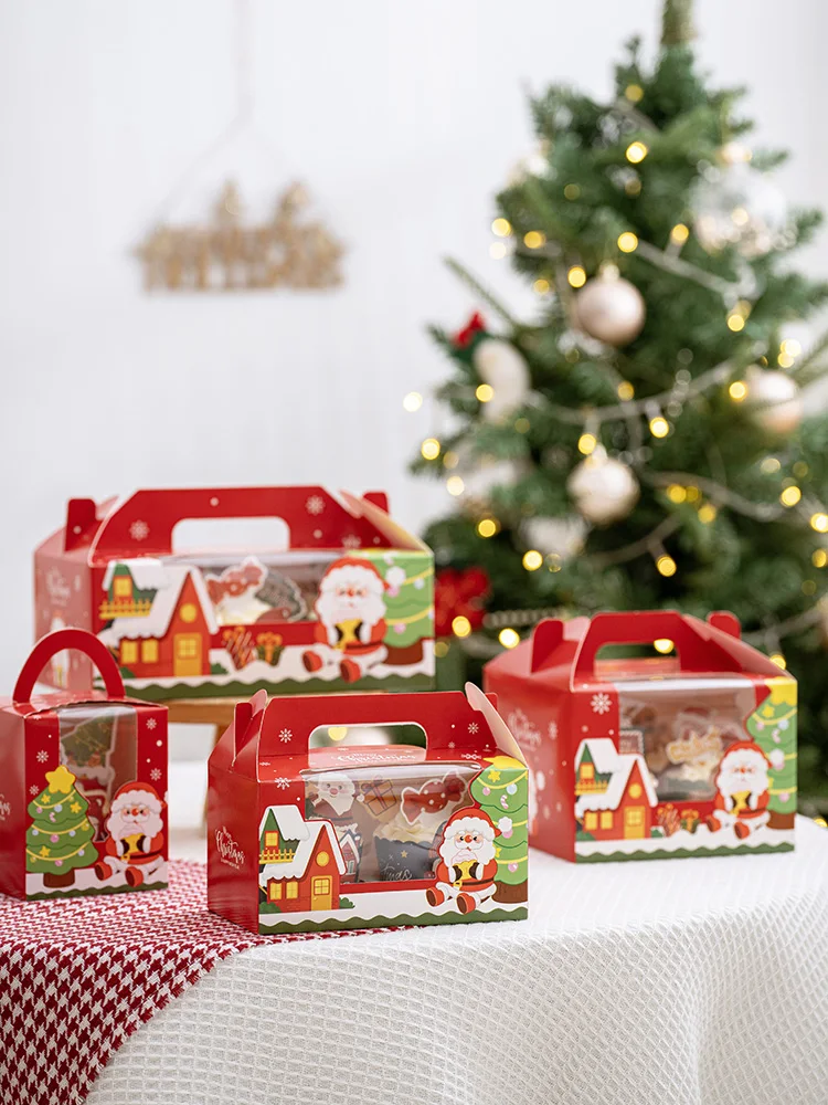 クリスマスカップケーキボックス紙製カップケーキ包装箱ハンドヘルドマフィンカップ包装箱シングル2個ベーカリーキッチンツール