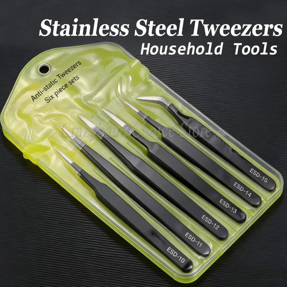 6pcs/set Precision Tweezers Set ESD Anti-Static Stainless Steel Watches Repair Tools for Electronics Repair Soldering Craft Tool