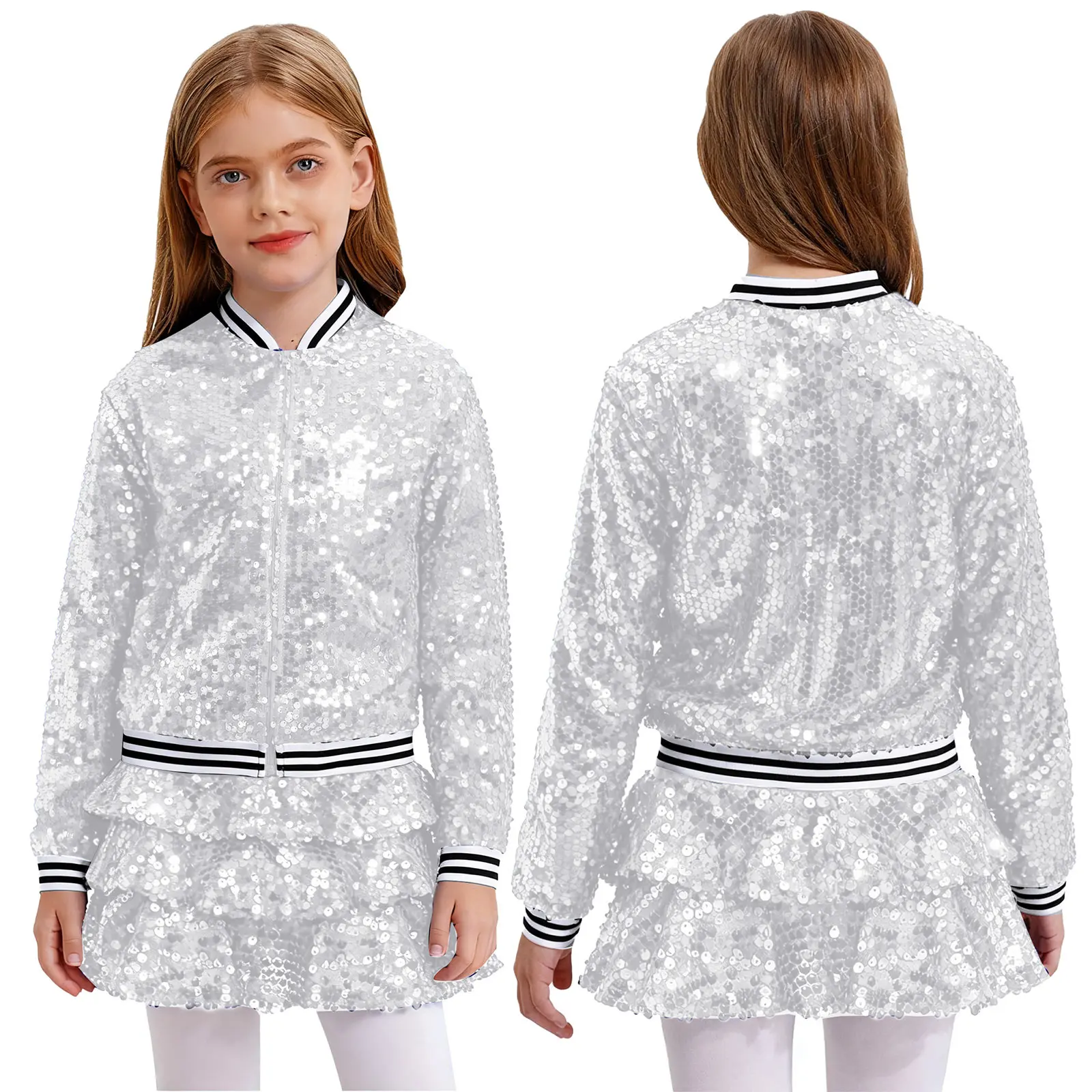 

Kids Girls Jazz Dance Outfits Striped Trim Baseball Jackets Outerwear with Ruffle Skirted Shorts Fashion Hip-Hop Streetwear
