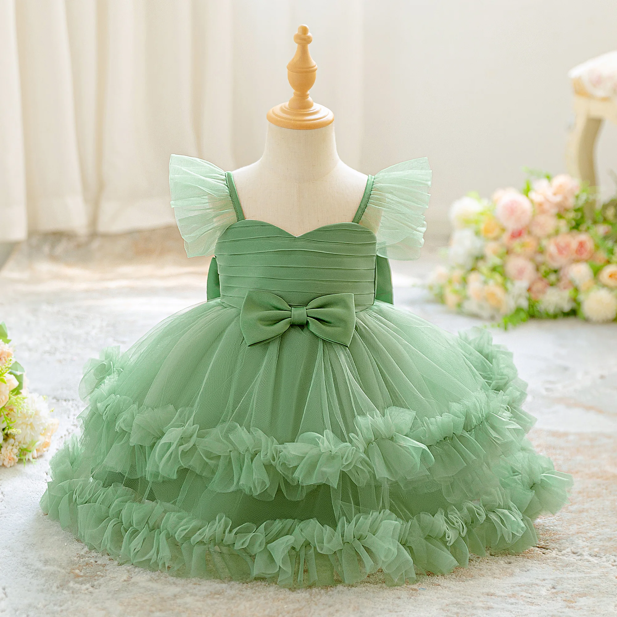 

Toddler Tulle Party Bridesmaids Baby Girls Dress Elegant 1st Birthday Baptism Princess Dresses for Baby Bow Wedding Prom Costume