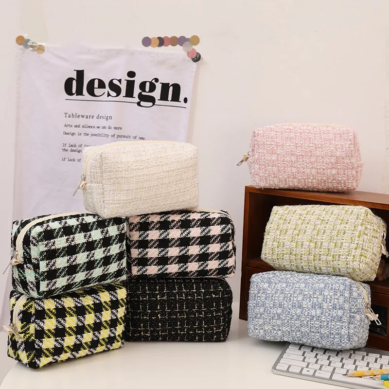 Kawaii Canvas Plaid Travel Cosmetic Lipstick Storage Bag Cute Women Makeup Kits Handbags Organizer Wallet Pencil Cases Pouch Bag