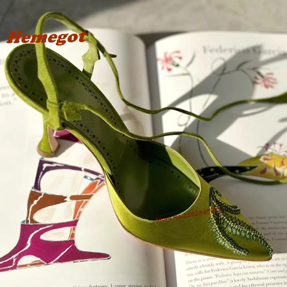 Décolleté in raso verde ricamato con lacci e punta a punta tacchi a spillo sandali da donna estate Solid Slingback scarpe da festa di lusso Sexy