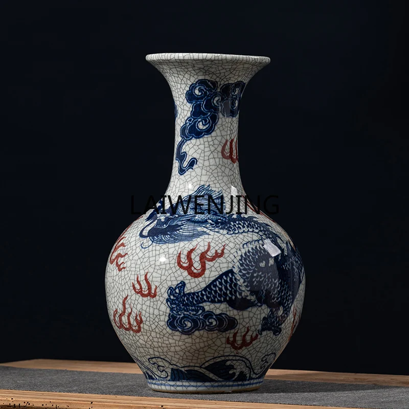 MJY Jingdezhen ceramic antique official kiln crack glaze blue and white porcelain vase large flower arrangement ornament