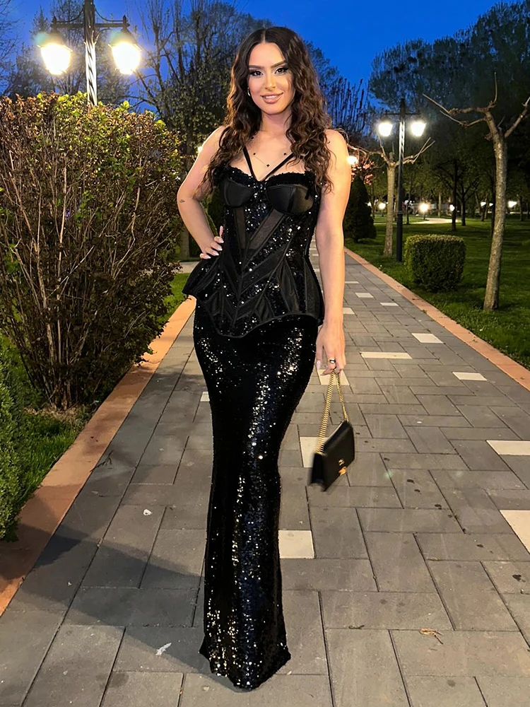VC Abito lungo a sirena con paillettes senza schienale e cinturino nero elegante e chic per la cena di gala