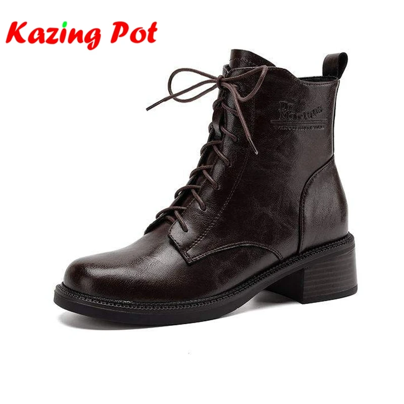 Krazing Pot Cow Skin Round Toe Med Heels Lace Up Modern Boots Keep Warm Winter Shoes High Quality Vintage Fashion Ankle Boots