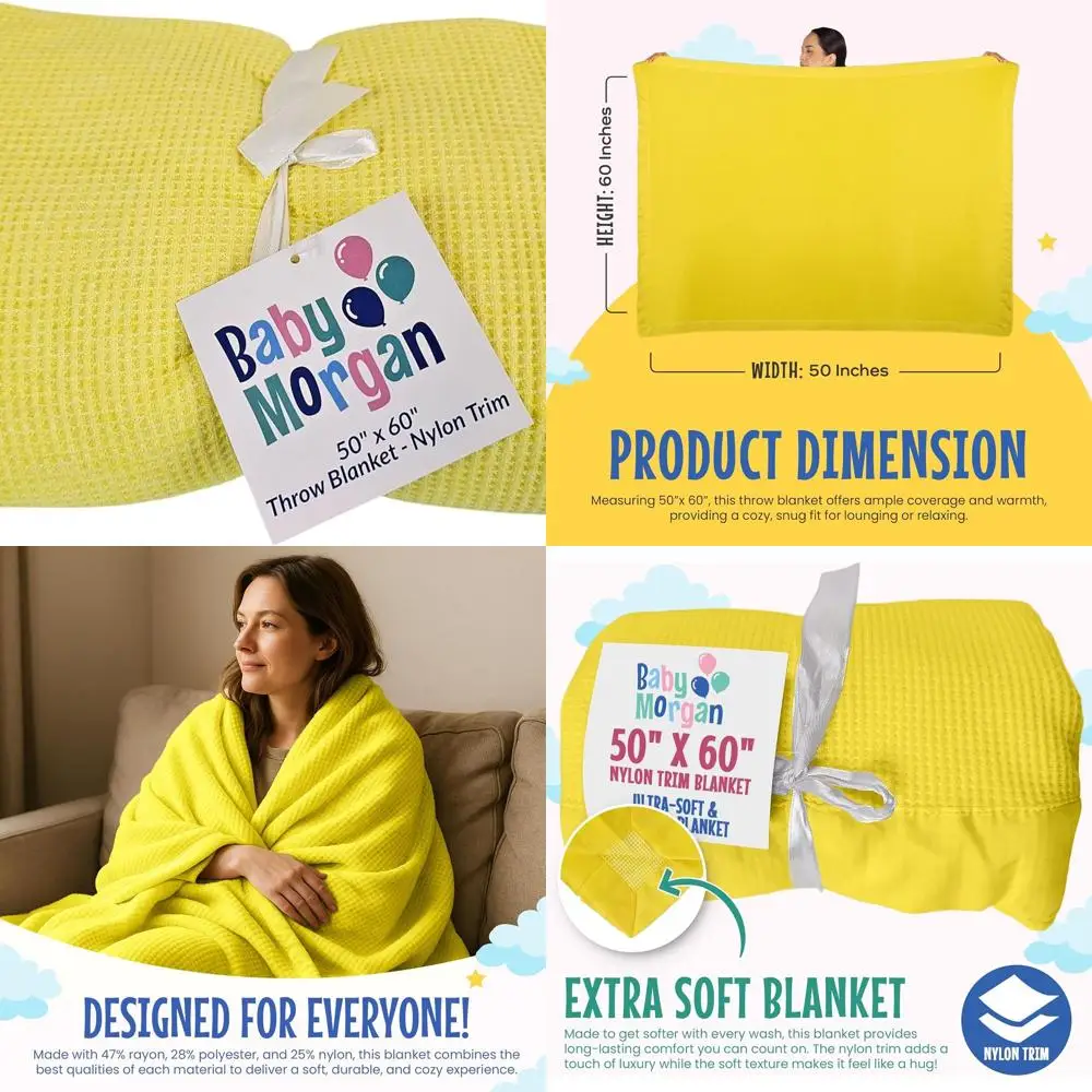 

Vintage Waffle Weave Throw Blanket - 50 x 60 - Soft, Lightweight, Breathable with Nylon Trim in Yellow