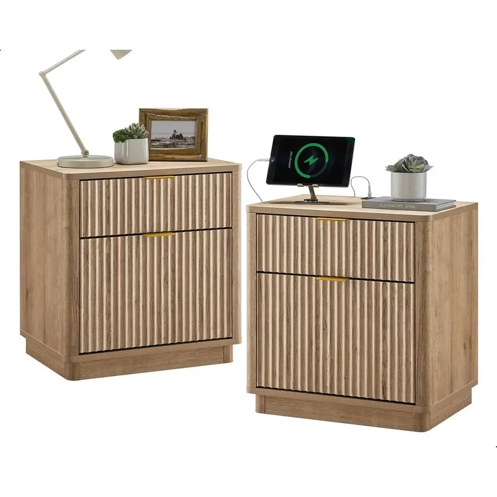 23 Dual Lute Nightstands with Charging Dock, Spacious Bedside Table, Storage End Table, Modern Oak Finish for Bedroom or Living