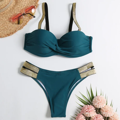 Imagen 2 del producto Nuevo Bikinis unicolor sexis, trajes de baño Push Up, traje de baño para mujer, ropa de baño para playa, traje de baño, conjunto de Bikini brasileño, bañista para piscina