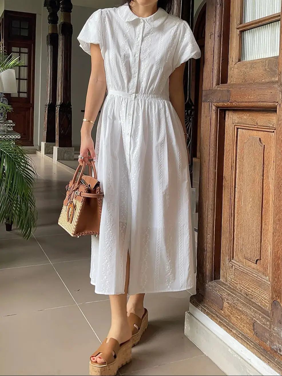 

Elegant White Long Dresses Women Korean Fashion Floral Embroidery Short Sleeve Single-breasted One Size Vacation Dress Outfits