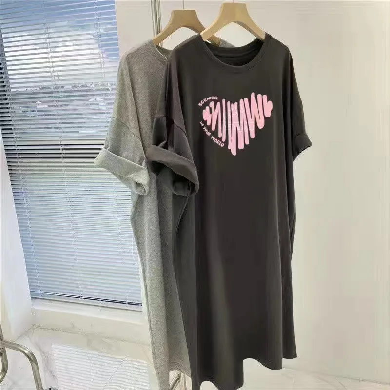 Korean version plus size lazy T-shirt dress women's summer 2026 new mid length skirt fat mm casual straight tube heart skirt