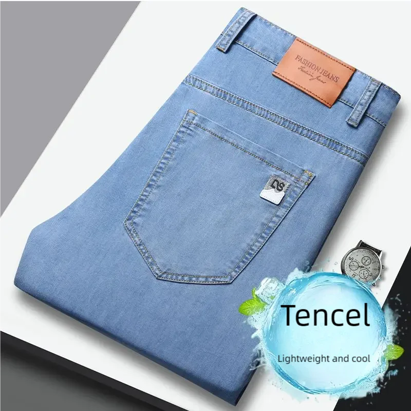 Summer Ultra-thin Men's Jeans Lyocell Soft Breathable Loose Straight Light Blue Denim Pants Business Casual Ice Silk Trousers