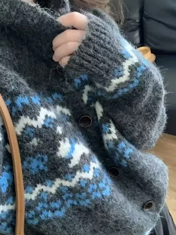 Suéter de Punto con Cuello Alto y Estampado Fair Isle de Estilo Nórdico Retro para Mujer, Cárdigan de Punto con Diseño Chic