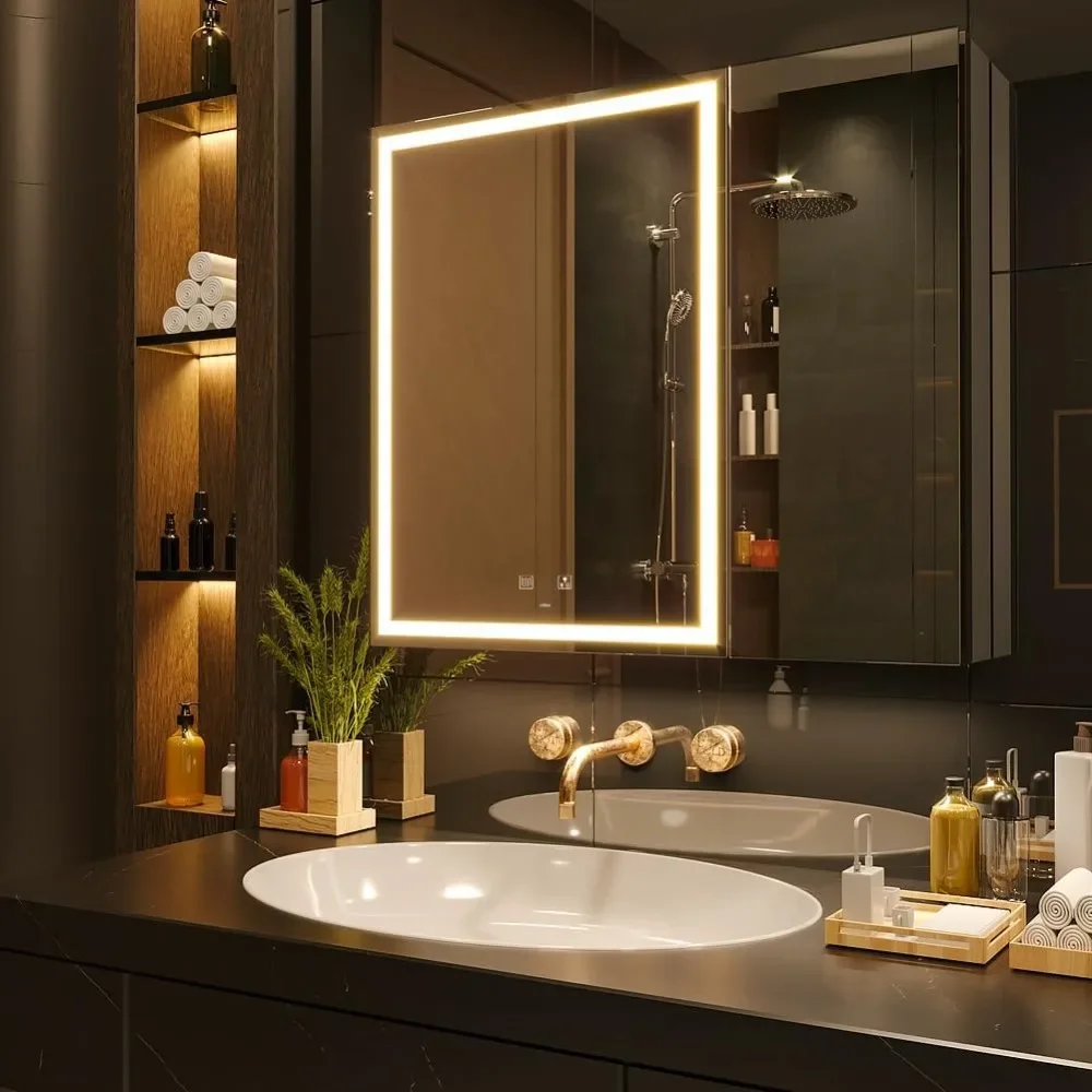 Mirror Cabinet with 3 Color LED Light Makeup Mirror, Outlets&USB, Defogger and Dimmable, 30 X 28in Double Doors Bathroom Cabinet