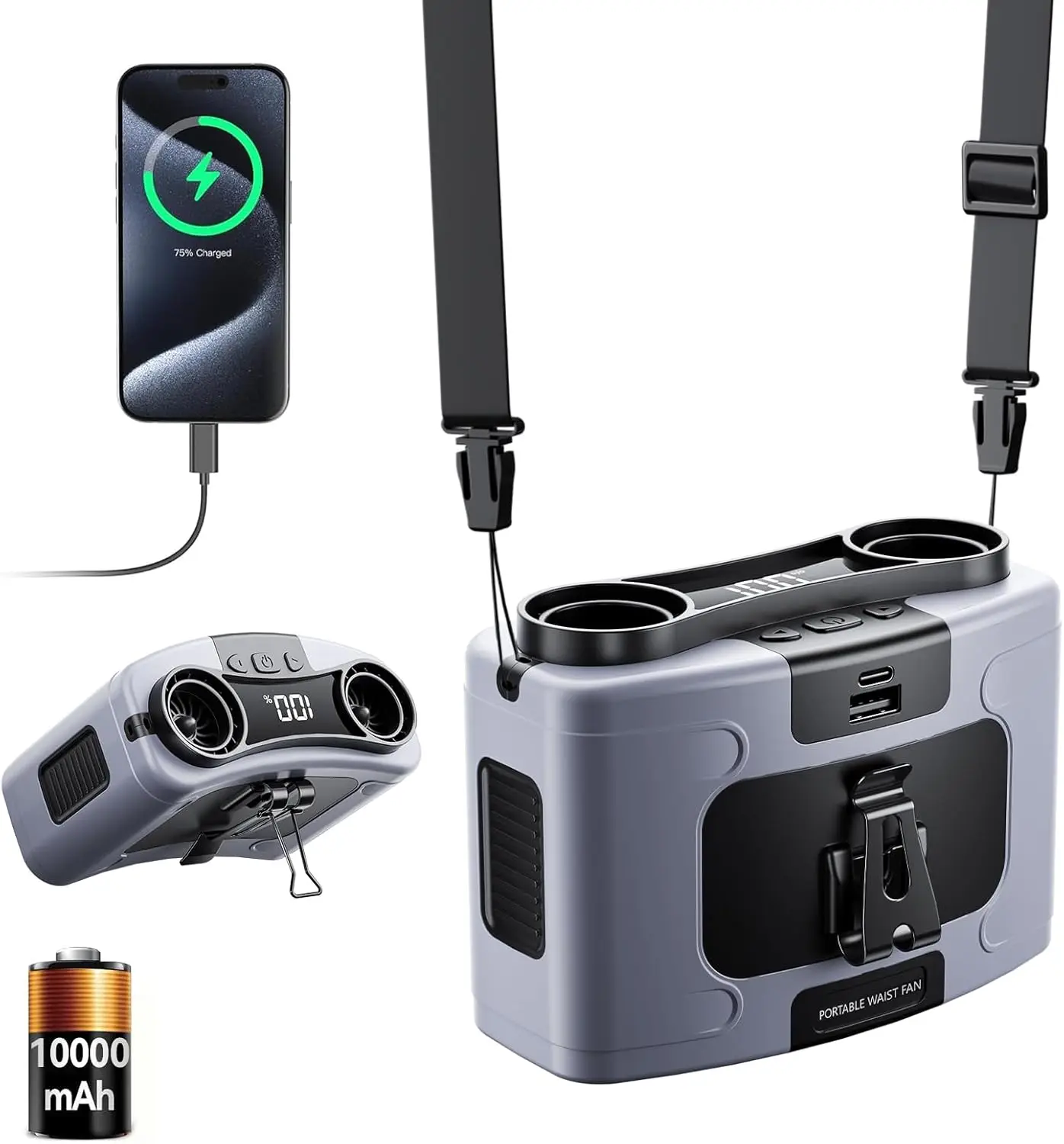 

Портативный поясной вентилятор с двумя моторами, аккумулятором 10000 мАч, 20 часами работы и 10 скоростями для путешествий на природе