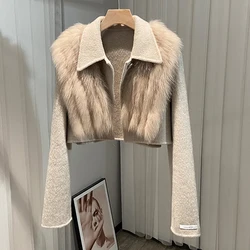 Autumn Winter Real Fur Coat Jacket Women Natural Fox Fur Collar Short Cashmere Wool Woolen Ladies Outerwear Female Coat