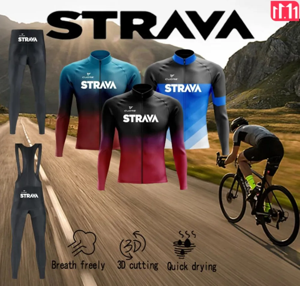 

STRAVA Men's Jacket Jersey Road Mountain Bike Long Sleeve Bib Suit Cycling Sports Outdoor Christmas Cycling Gear Gifts